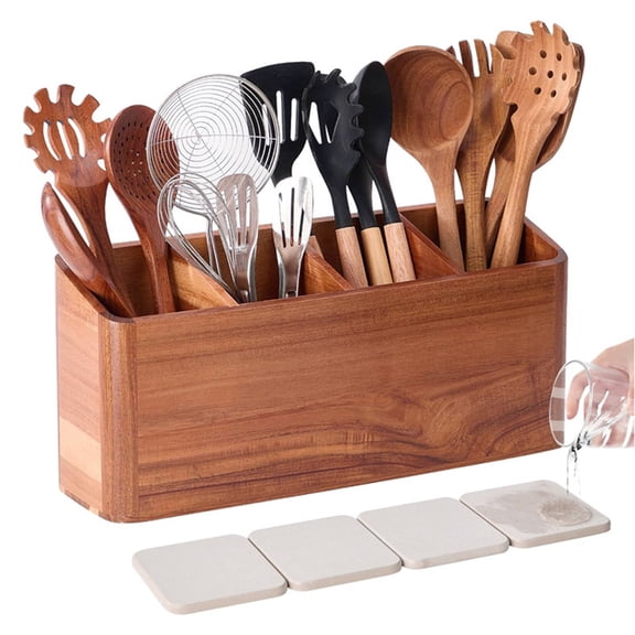 Petyoung Acacia Wood Utensil Holder with 4 Diatomite Drying Pads, 4 Compartment Kitchen Counter Organizer, Silverware & Cooking Utensil Caddy