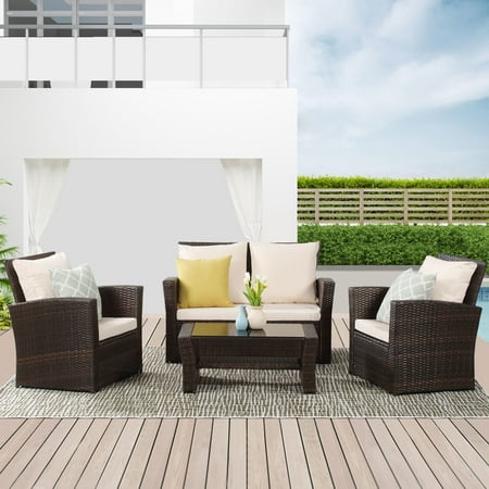 Superjoe 4 Pcs Outdoor Patio Furniture Sets Wicker Rattan Sectional Sofa with Seat Cushions Brown