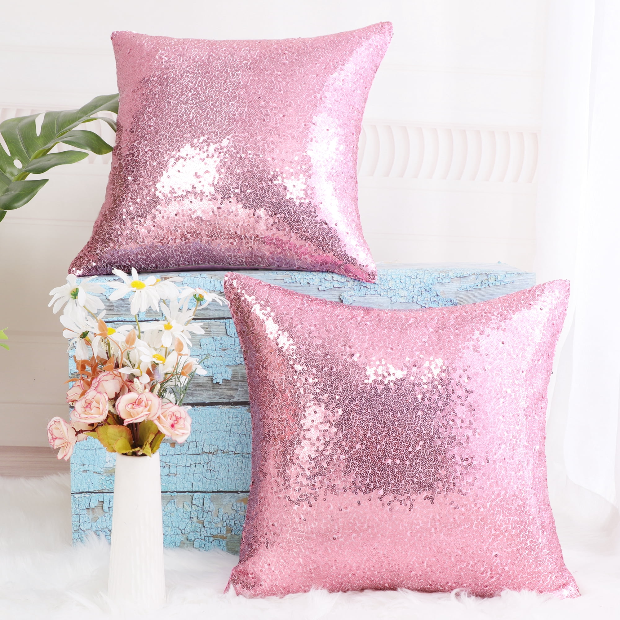 Unique Bargains 2 Pack Sequins Decorative Throw Pillow Covers 16" x16" Pink