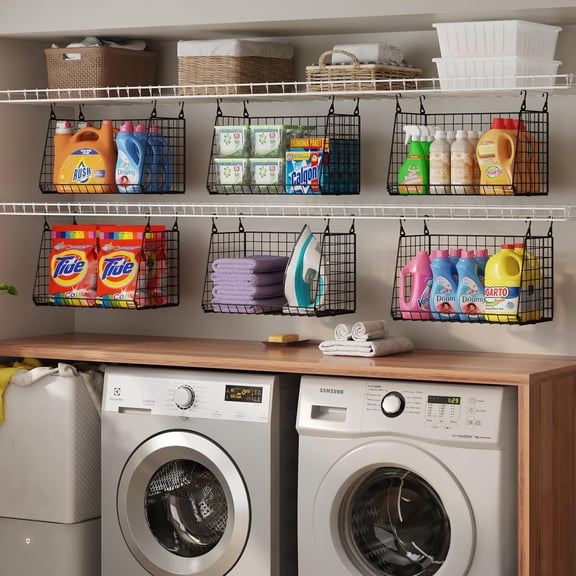 3-Pack Hanging Laundry Baskets, Foldable Metal Wire Shelves with 360° Rotating Hooks, Space-Saving Over Washer/Dryer or Closet Storage for Laundry Room & Closet Organization, Black