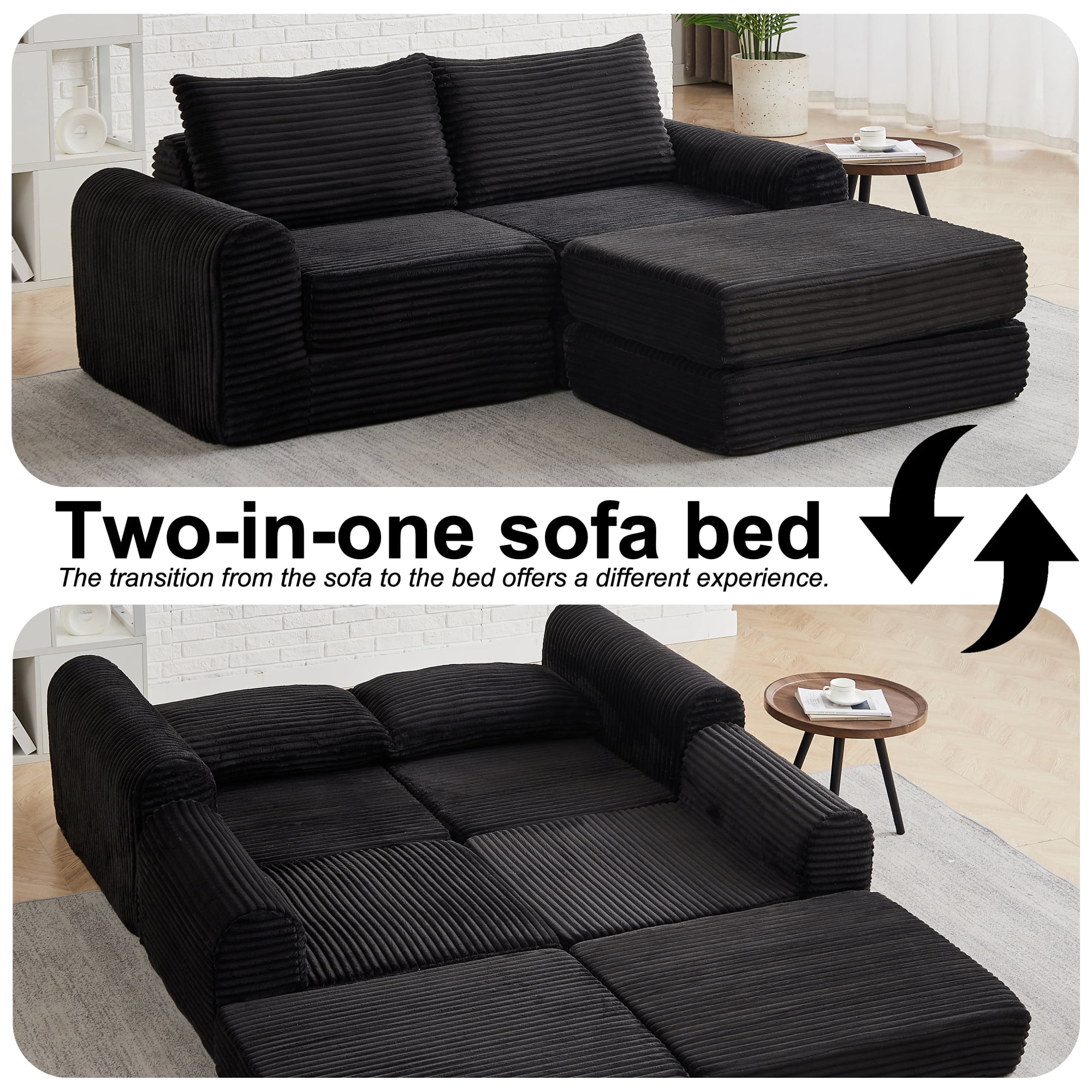 2-in-1 Corduroy Convertible Sleeper Sofa Bed with with Two Throw Pillows & Curved Lines for Living Room,Easy Assembly,Black