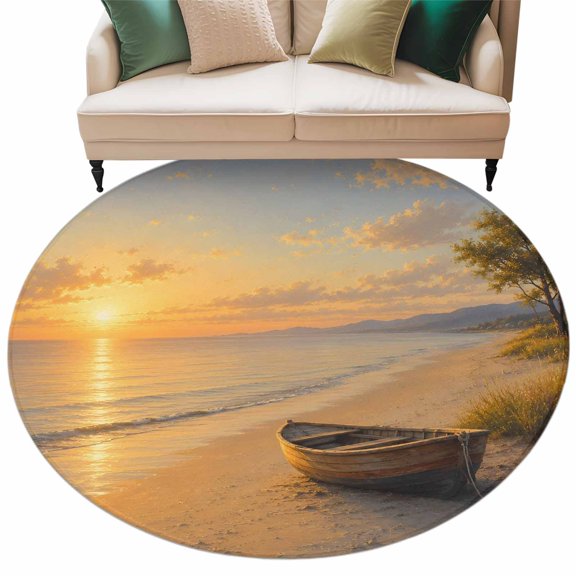 Coastal Nautical Round Rug 8ft Washable Circle Rugs Non Slip Summer Ocean Beach Sail Waves Orange Large Area Rug Indoor Floor Carpet for Bedroom Kitchen Living Room Home Office Dining Room Nursery