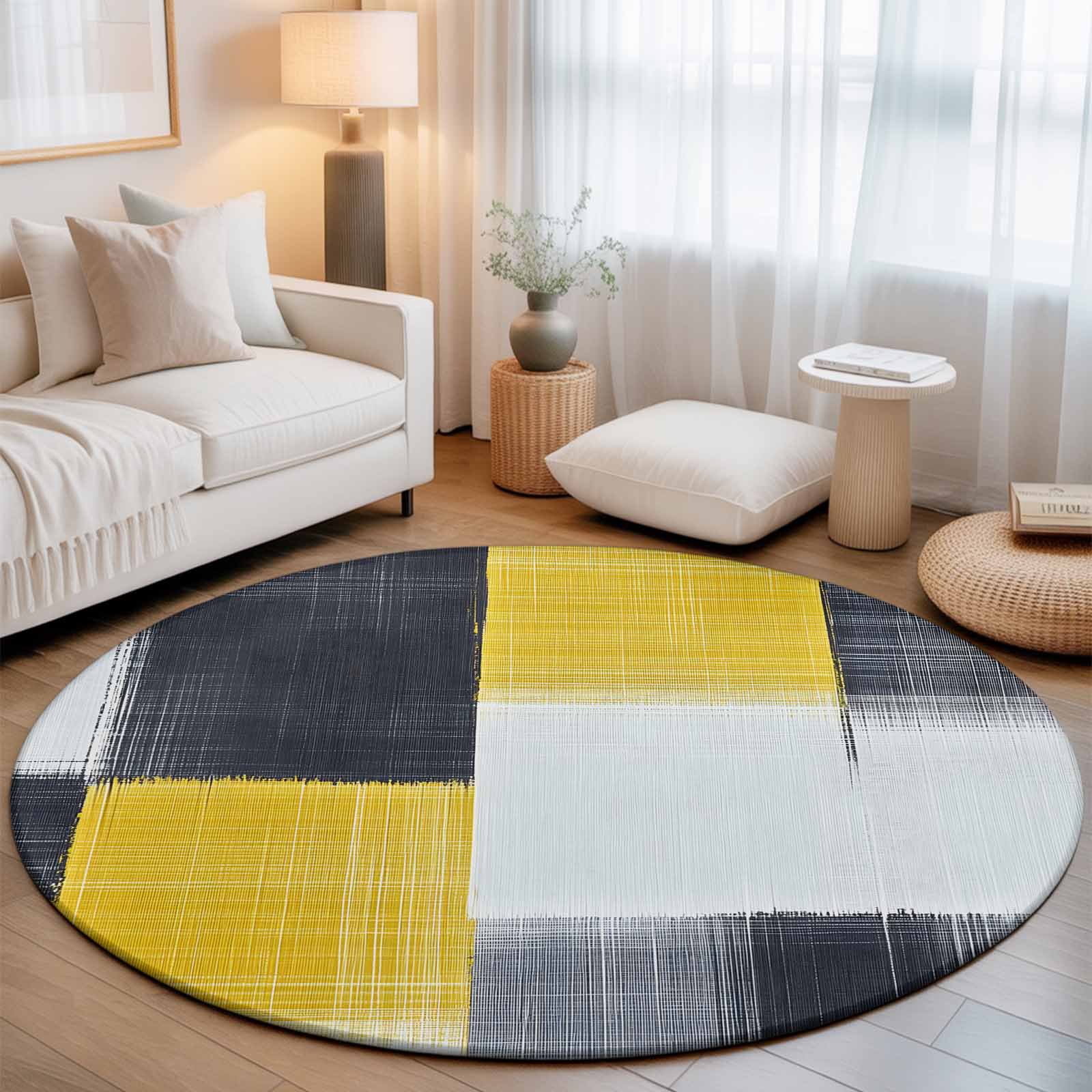 Washable Round Area Rug Abstract Black Yellow Graffiti Circle Rugs Floor Carpet for Living Room Bedroom Vintage Stitching Style Soft Non Slip Round Rug 3ft