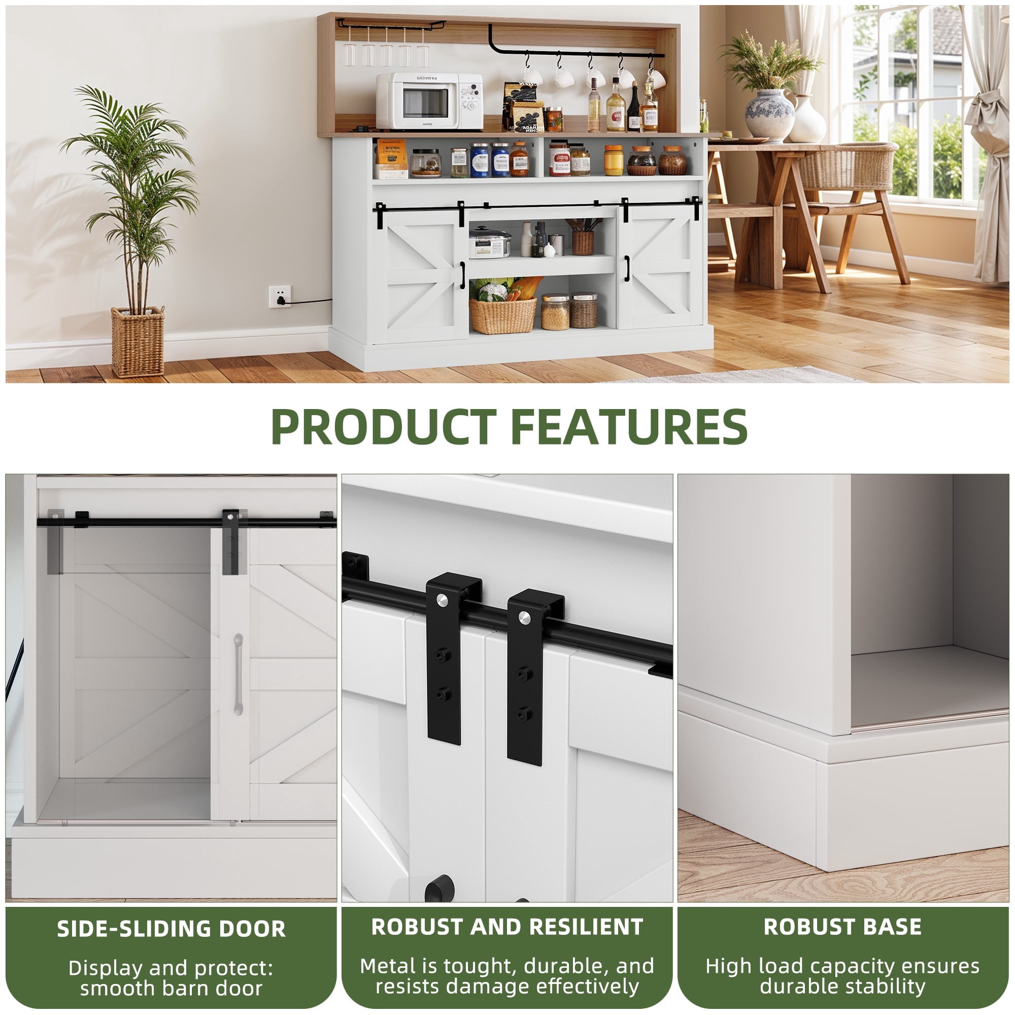 Uforic 52" Farmhouse Wine Cabinet, Sliding Barn Door Sideboard with Power Outlets & Goblet Holder (White)