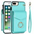 thumbnail image 1 of for iPhone 8 Plus / iPhone 7 Plus Wallet Case, Back Card Slots/Bag Magnetic Button Ring Holder Stand Cover with RFID Blocking Wrist Hand Strap Luxury PU Leather Anti-Shocks Case,Mint, 1 of 9