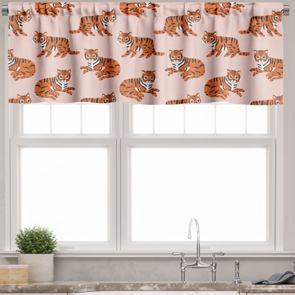 Ambesonne Safari Valance Pack of 2, Fun Tigers Pattern, 54"X12", Blush Orange and Dark Grey