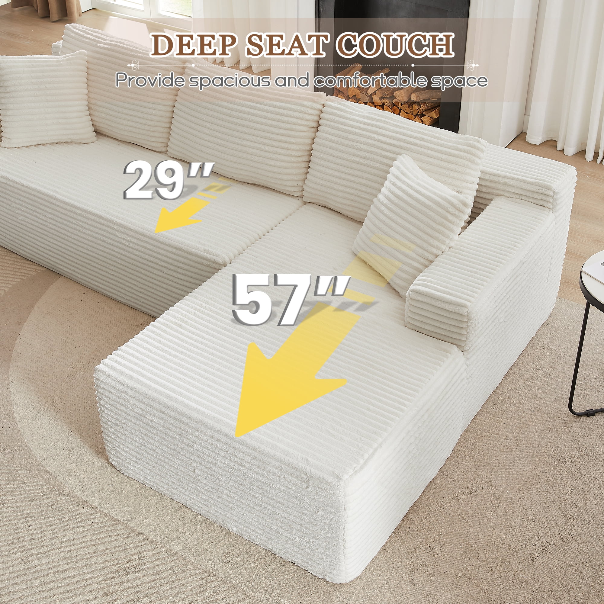 Muumblus Modular Sectional Sofa, Oversized L-Shape Cloud Couch, Modern Corduroy Sleeper Couches for Living Room, No Assembly Required, Beige White (Right Facing Chaise)