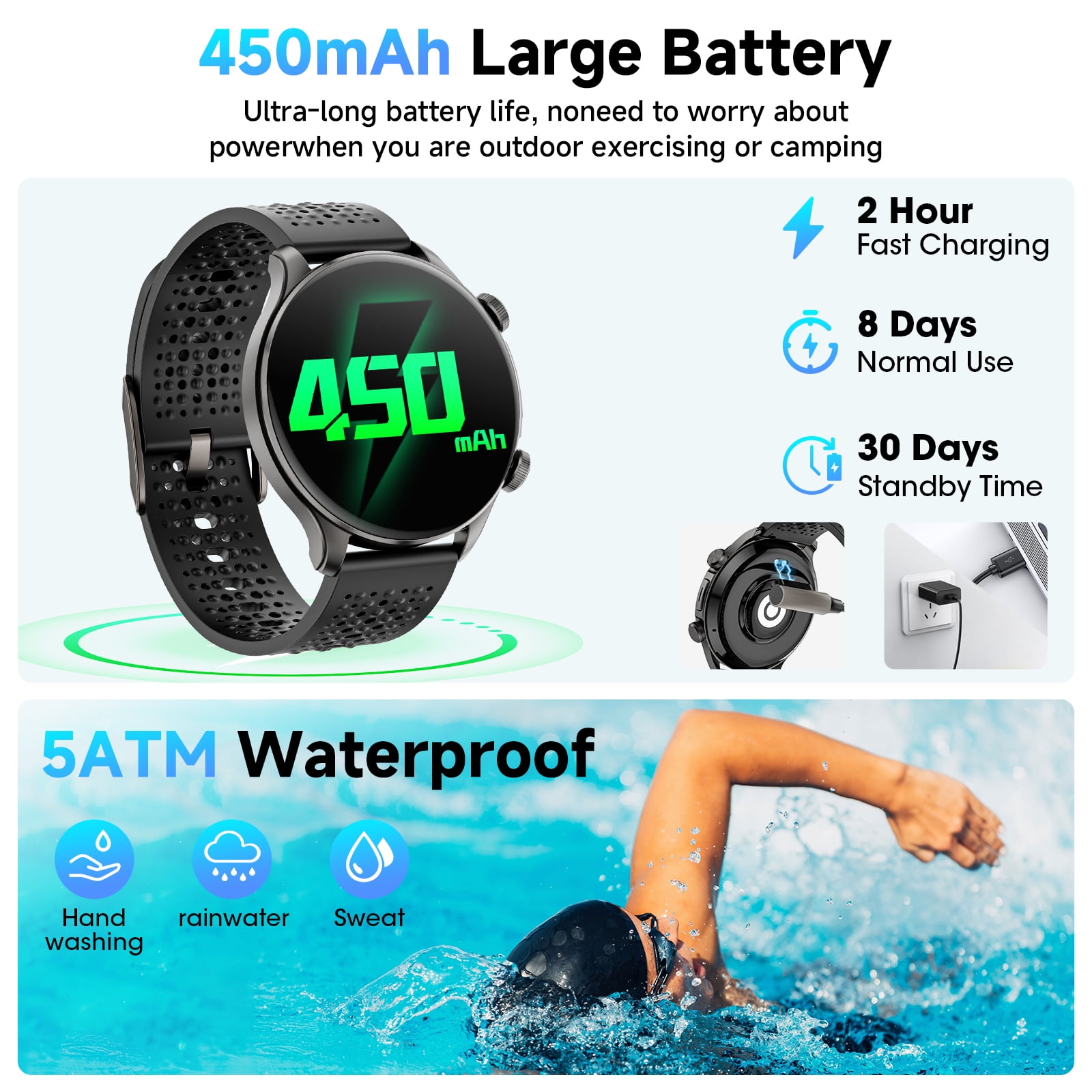 Mingdaln GPS Smart Watch for Men,50MM AMOLED screen,with 5ATM waterproof/Answer/Make Calls,fits for Android iPhone devices (Zinc alloy Black)