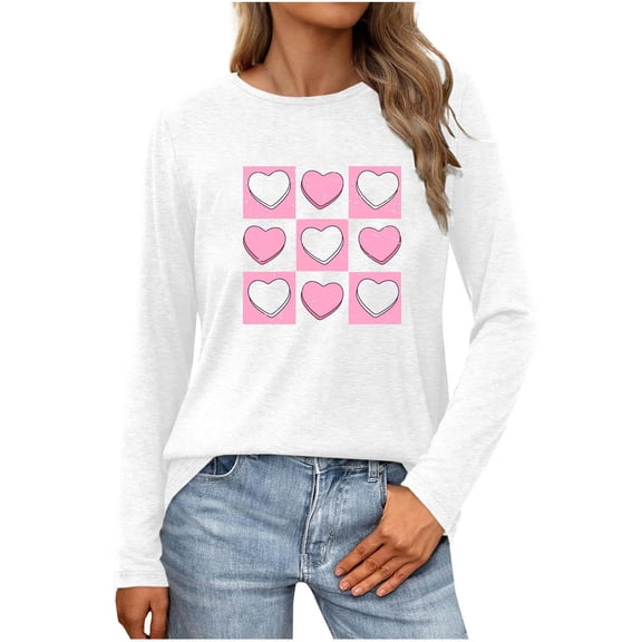 Womens Valentine Day Shirts Casual Heart Long Sleeve Going Out Tops Pullover Loose Spring Holiday Valentines Outfits, S White