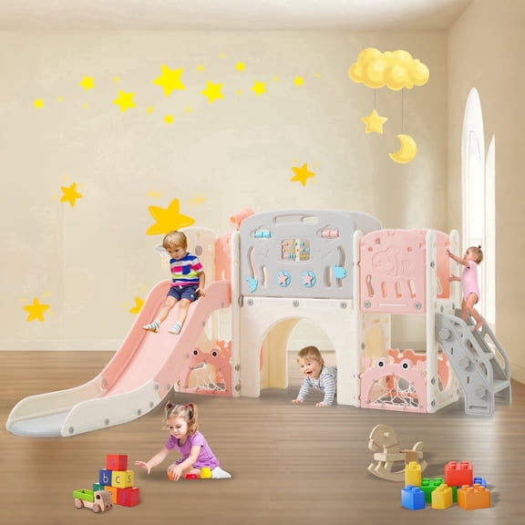 Shengchao Trade 11-in-1 Toddler Slide Playset with Basketball Hoop, Arch Tunnel, Toy Storage, Pink, for Ages 1-3