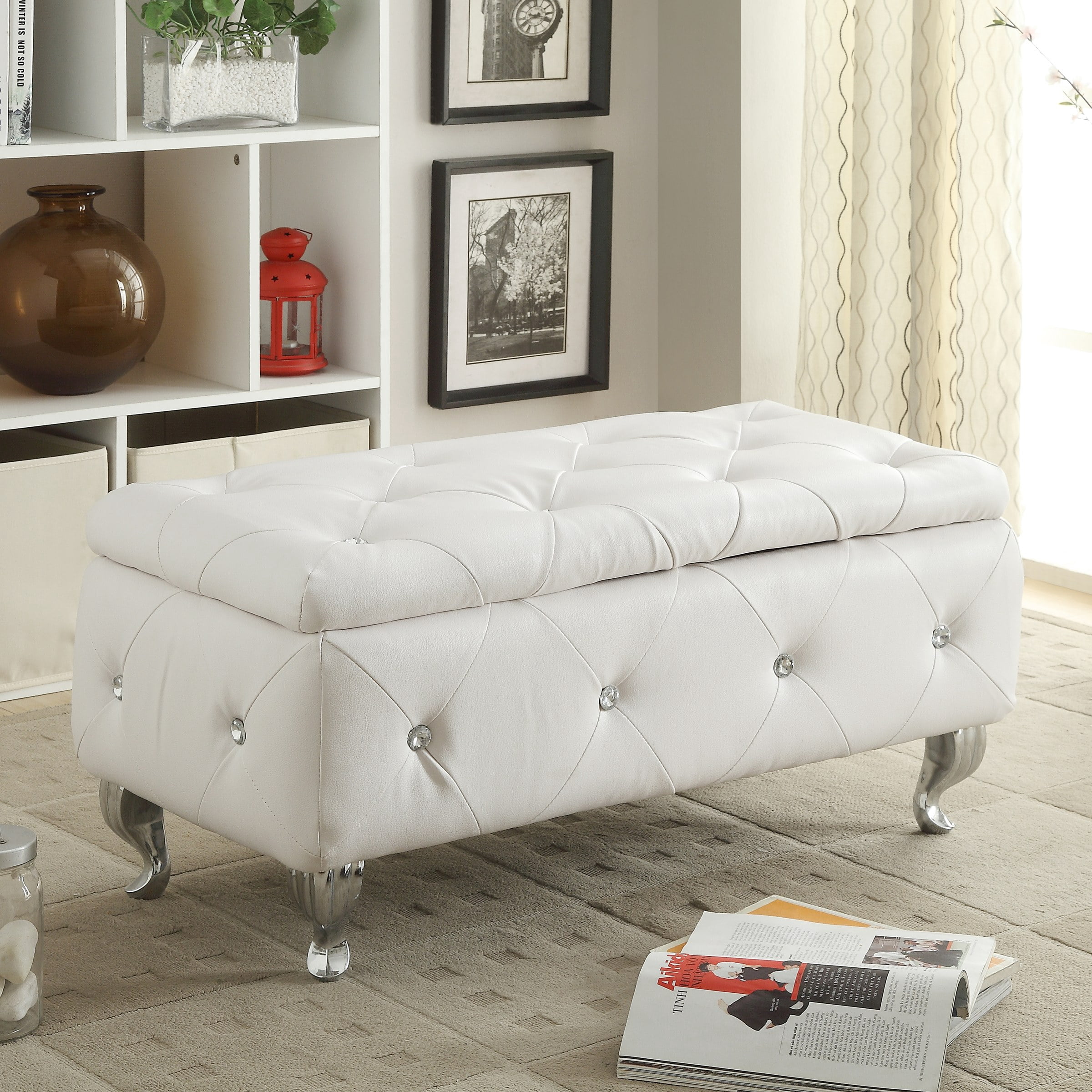 White Tufted Bonded Leather Storage Bench with Crystal Decor, Upholstered Bedroom Bench Ottoman with Hidden Storage for Entryway Bed End Living Room
