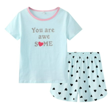 

CYCHELRY Big Girls Pajamas Set Cut Cat and Bear Printed Short Sleeve Summer Sleepwear Loungewear Size 12 14 16 (14 Blue)