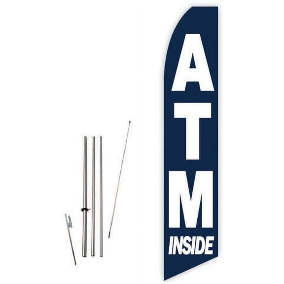 ATM Inside Dark Blue Super Novo Feather Flag - Complete with 15ft Pole Set and Ground Spike