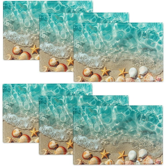 Set of 4 Beach Sea 12x18 Inch Place Mats,Starfish Sea Shell Whelk Placemats for Kids Boys Girls,Summer Hawaiian Table Mats,Rustic Farmhouse Style Waterproof Placemats,Anti Slip