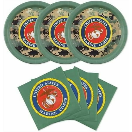 U.S. Marines Party for 32 Guests! Includes 32 ea. 10” XL Plates and Luncheon Napkins with Licensed Marines Camo & Coat of Arms. Retirement, Birthday or Official Events. by