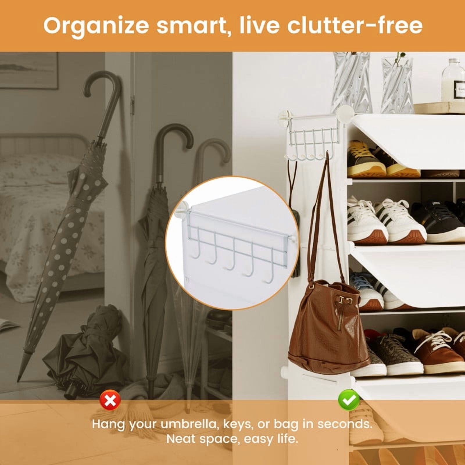 Gianna 3-Tier Shoe Rack with Side Hooks, 24-Pair Capacity Sturdy Metal Frame Storage Organizer, White&Black Plastic Panel Shelf for Entryway, Bedroom&Dressing Room，White
