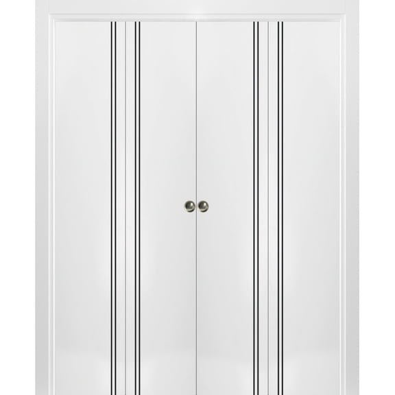 Sliding Closet Double Bi-fold Doors | Planum 0016 White Silk with Frosted Glass | Sturdy Tracks Moldings Trims Hardware Set | Wood Solid Bedroom Wardrobe Doors