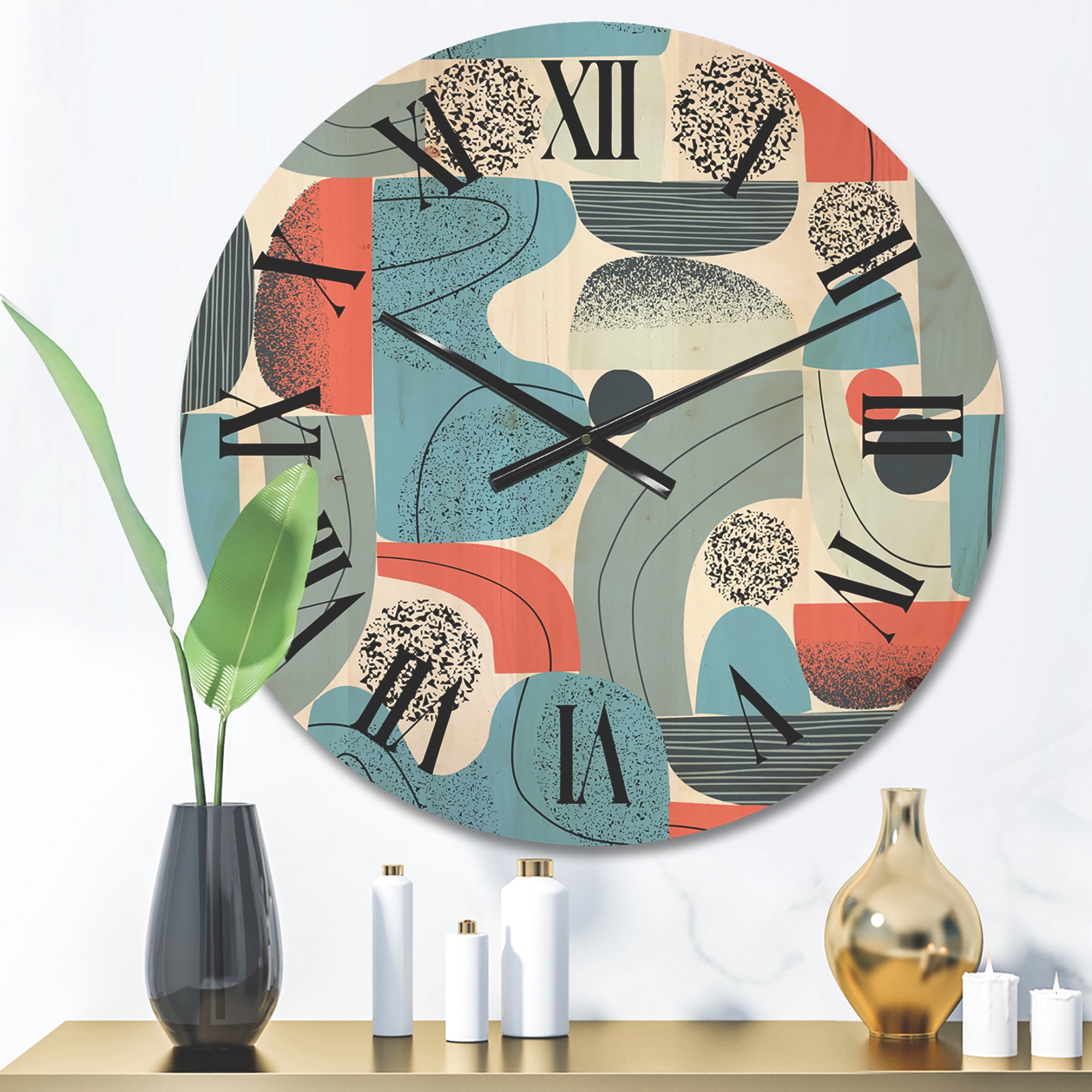 Designart 'Retro Shapes With Abstract Moons and Suns II' Modern Wood Wall Clock