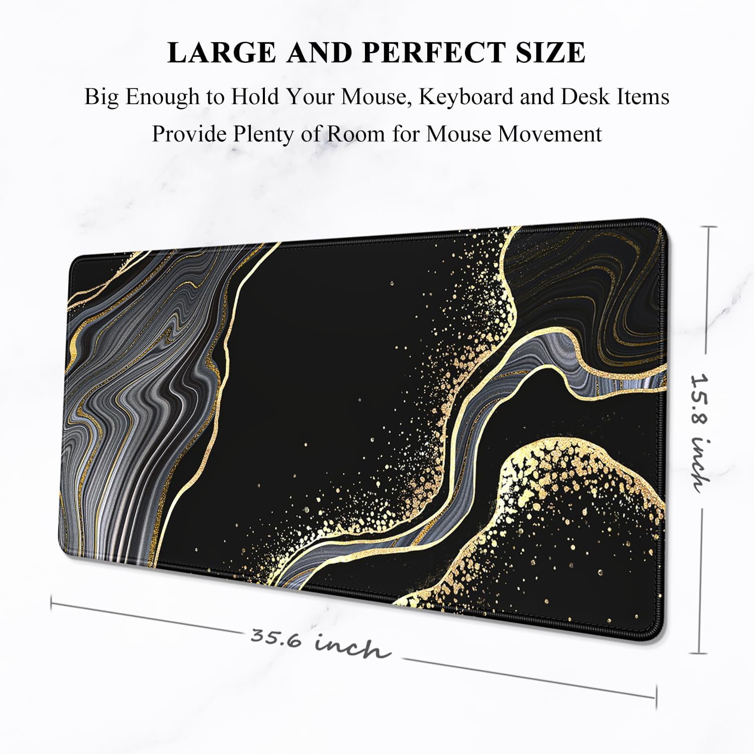 Extended Mouse Pad, XXL Desk Pad Gaming Mousepad, Large Big Laptop Computer Keyboard Desk Mat with Non-Slip Base Stitched Edge for Gaming Office Men Women, 35.5 x 15.7 in, Black Marble