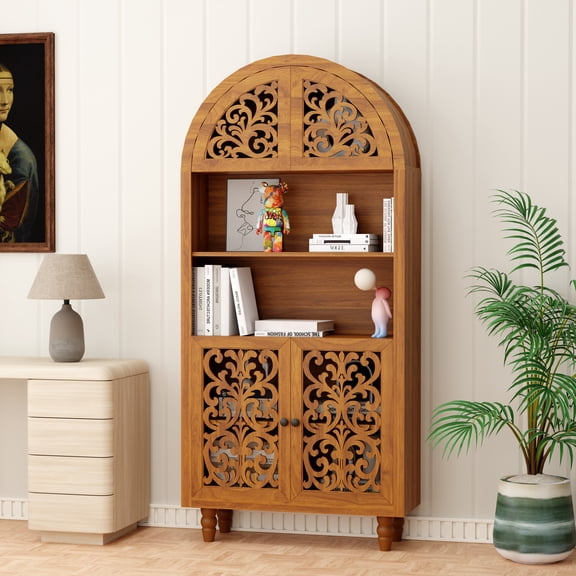 MIDOQIN 67" Tall Arched Bookshelf, 5-Tier Vintage Arched Carved Bookcase for Home Office, Living Room