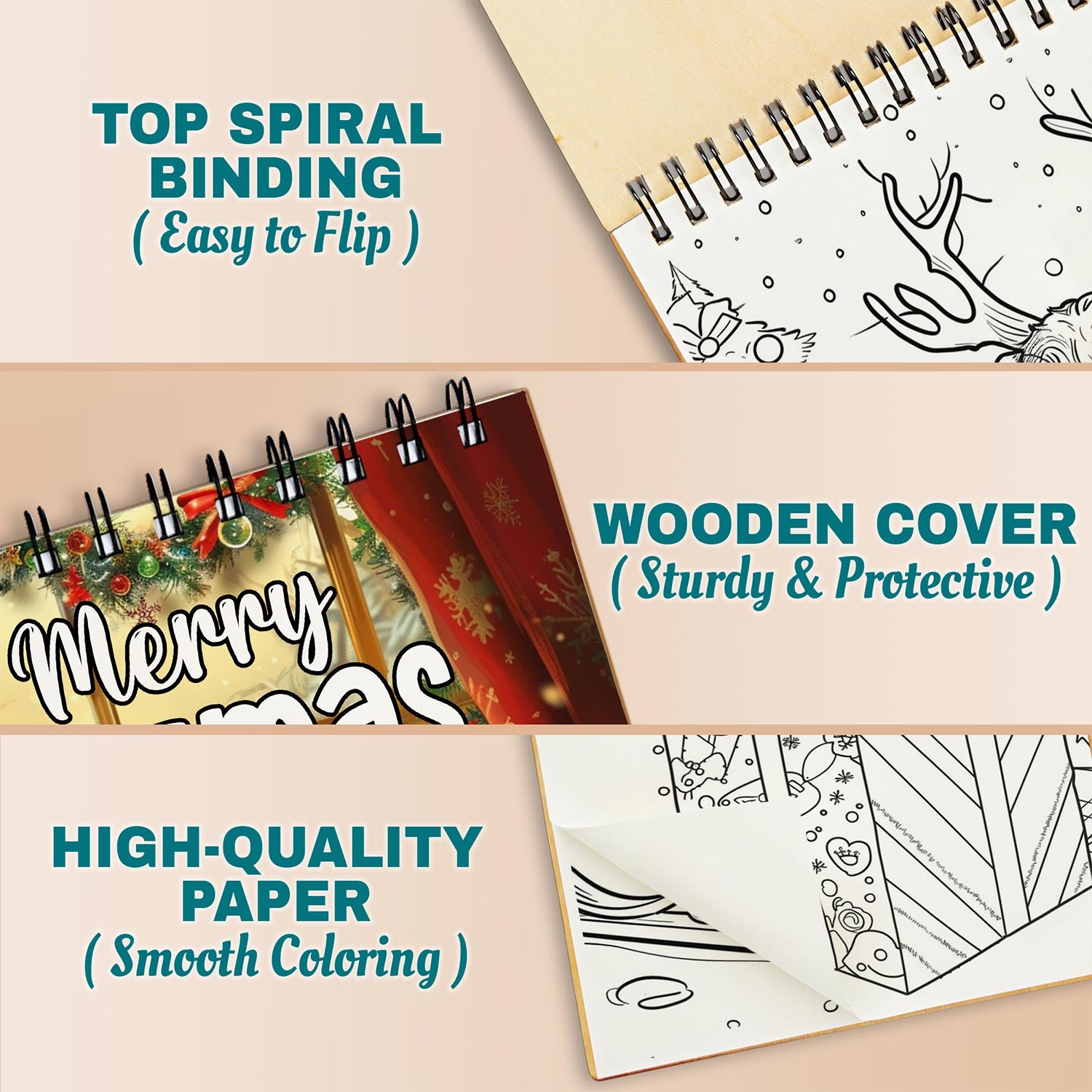 Netecom Merry Dogmas Coloring Book Spiral Bound for Adults, A5 Wooden Cover, 30 Christmas Theme Coloring Pages of Cute Dogs for Stress Relief and Relaxation