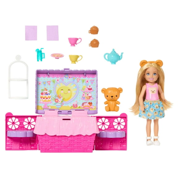 Barbie Family & Friends Club Chelsea Pop-Up Tea Party Playset with Small Doll & 10  Accessories