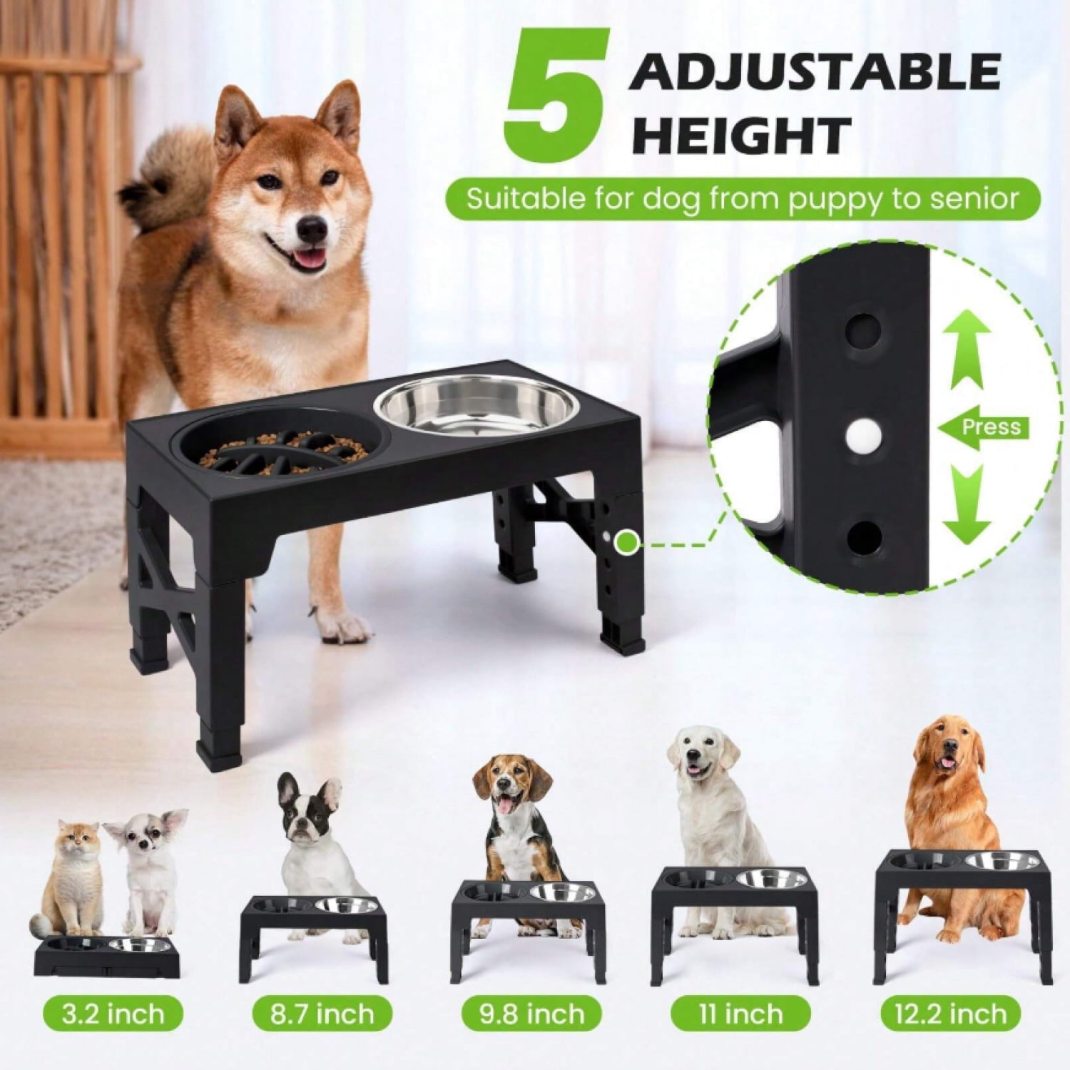 NTGFU Black 5 Adjustable Heights Raised Dog Bowl Stand with 2 Stainless Steel Dog Food Bowls and 1 Slow Feeder Dog Bowl, Adjusts To Height 3.2" To 12.2" for Small Medium Large Dogs