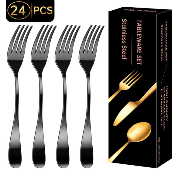WEPSEN Dinner Forks, 24 Piece Flatware Forks, 8" Food Grade Stainless Steel Forks, Mirror Polished Table Forks, Dishwasher Safe, Use for Home,Kitchen & Restaurant, Black