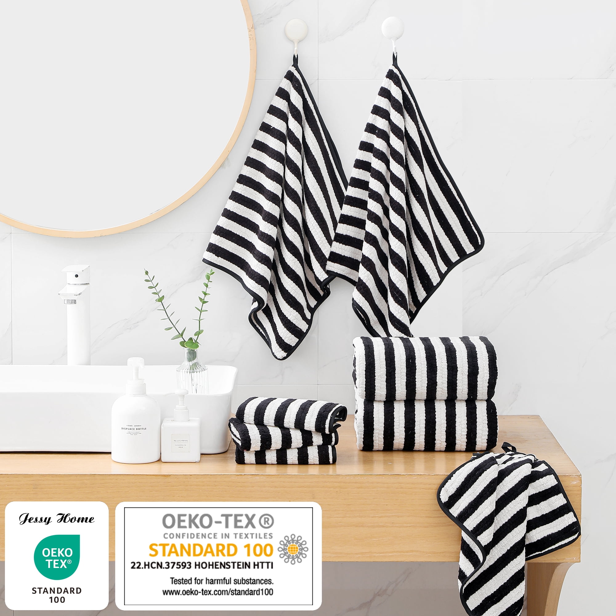 Jessy Home 6 Piece Black White Bath Towel Set for Bathroom-2 Bath Towels,2 Hand Towels,2 Washcloths Soft and Plush Highly Absorbent Towel for Hotel & Spa