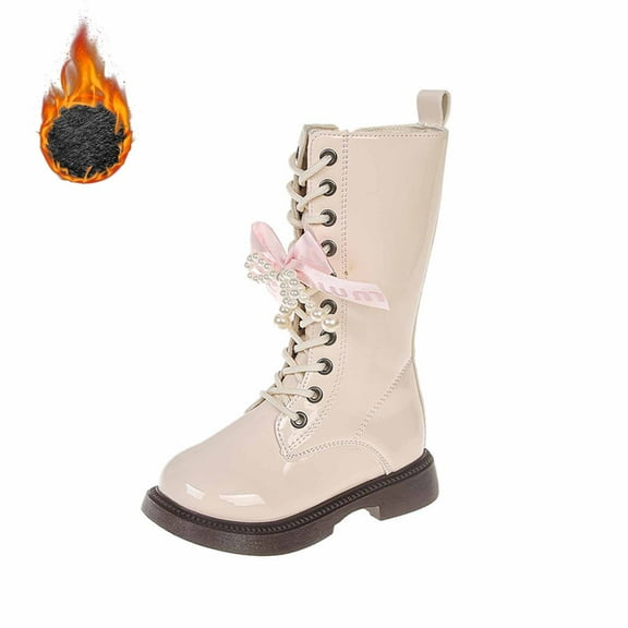 Krdevn Girls Boots,Winter Warm Lined Long Shaft Girls Boots Leather Mid Calf Boots for Youth Non Sole,Size:2-2.5 Years