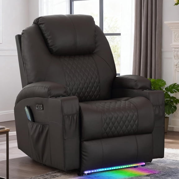 Power Recliner Chair with Heat and Massage, PU Leather Home Theater Seating with LED Lights/Cup Holders/Side Pocket/USB Port, Reclining Sofa Chair for Living Room