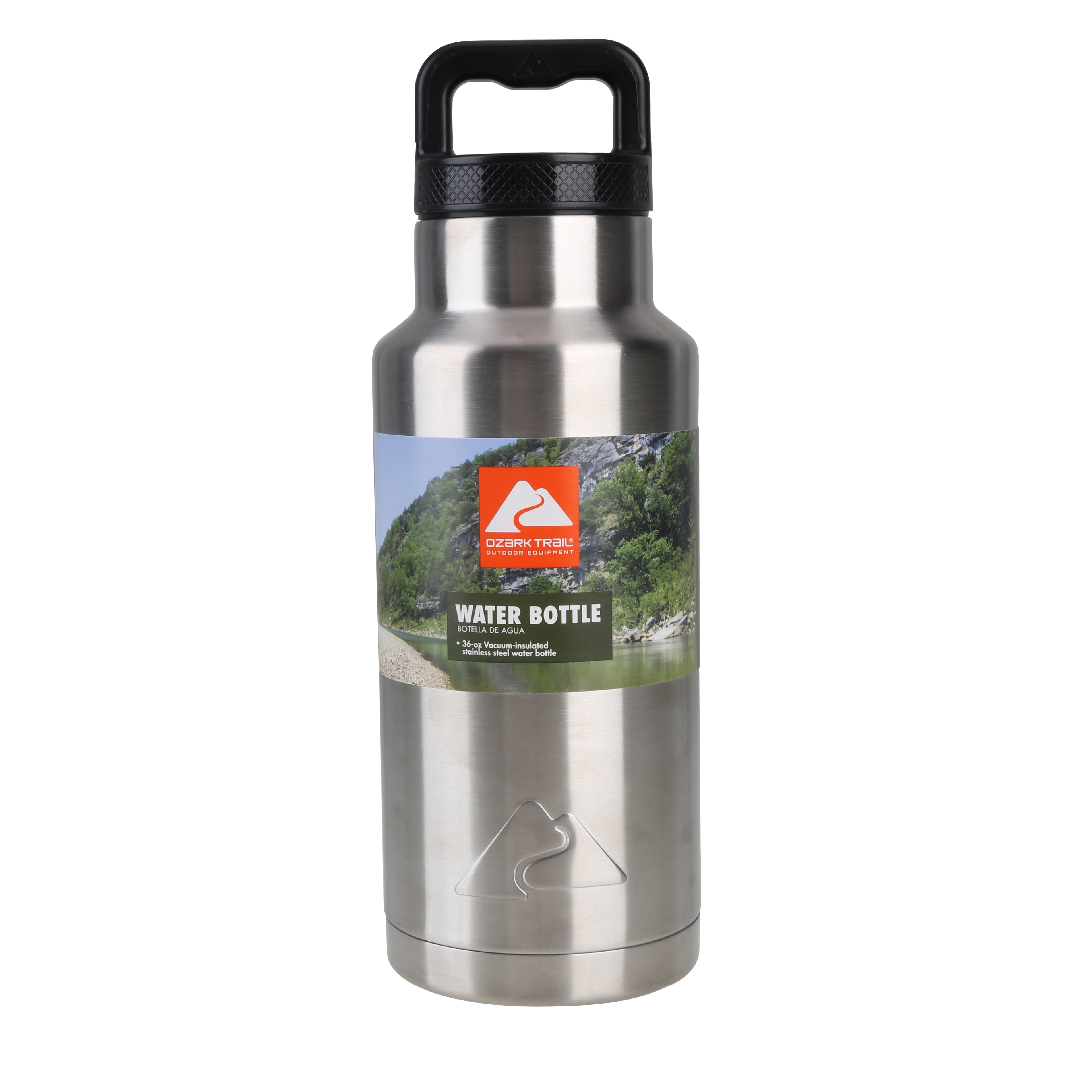 Ozark Trail 36 oz Silver and Black Double Wall Vacuum Sealed Stainless  Steel Water Bottle with Wide Mouth Lid
