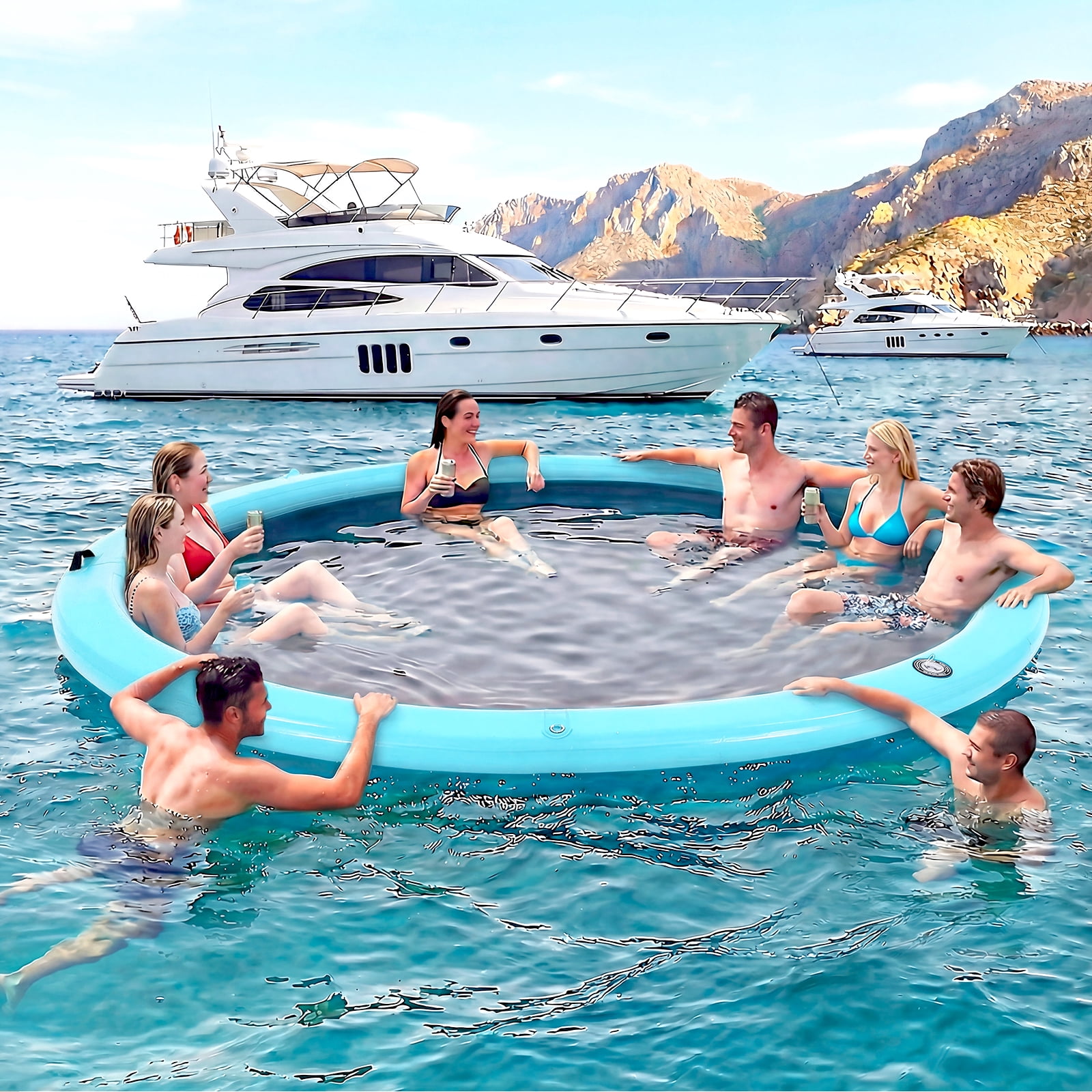 Danrelax 10FT Sunchill Round Inflatable Float Ring for Adults, Heavy Duty Hammock Pool Lounger with Pump, for Lake, Ocean & Pool