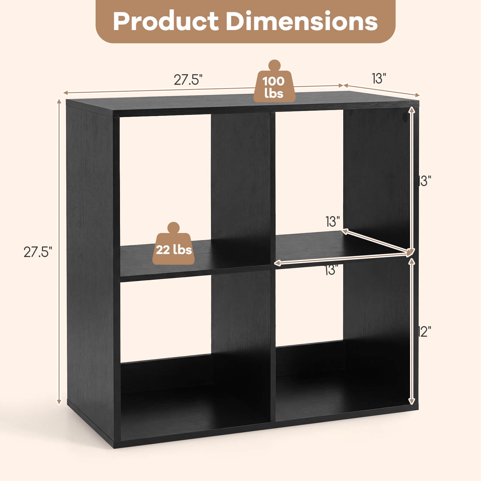 Costway 4-Cube Open Bookshelf with Anti-tip Kits Home Modern Style Storage Shelf for Study Black