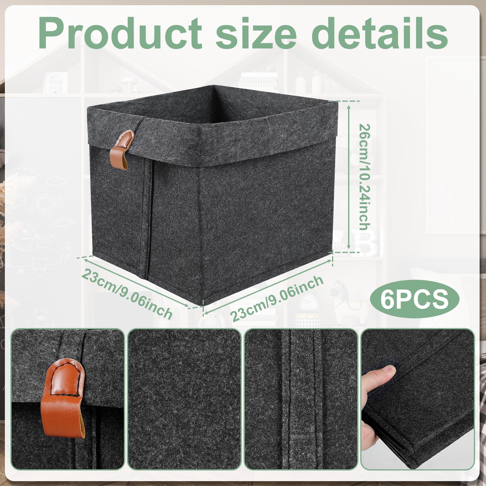 Tzdxfgl Collapsible Felt Fabric Cubes Storage Bins, 9"x9"x10.2", 6 Pack, Dark Gray
