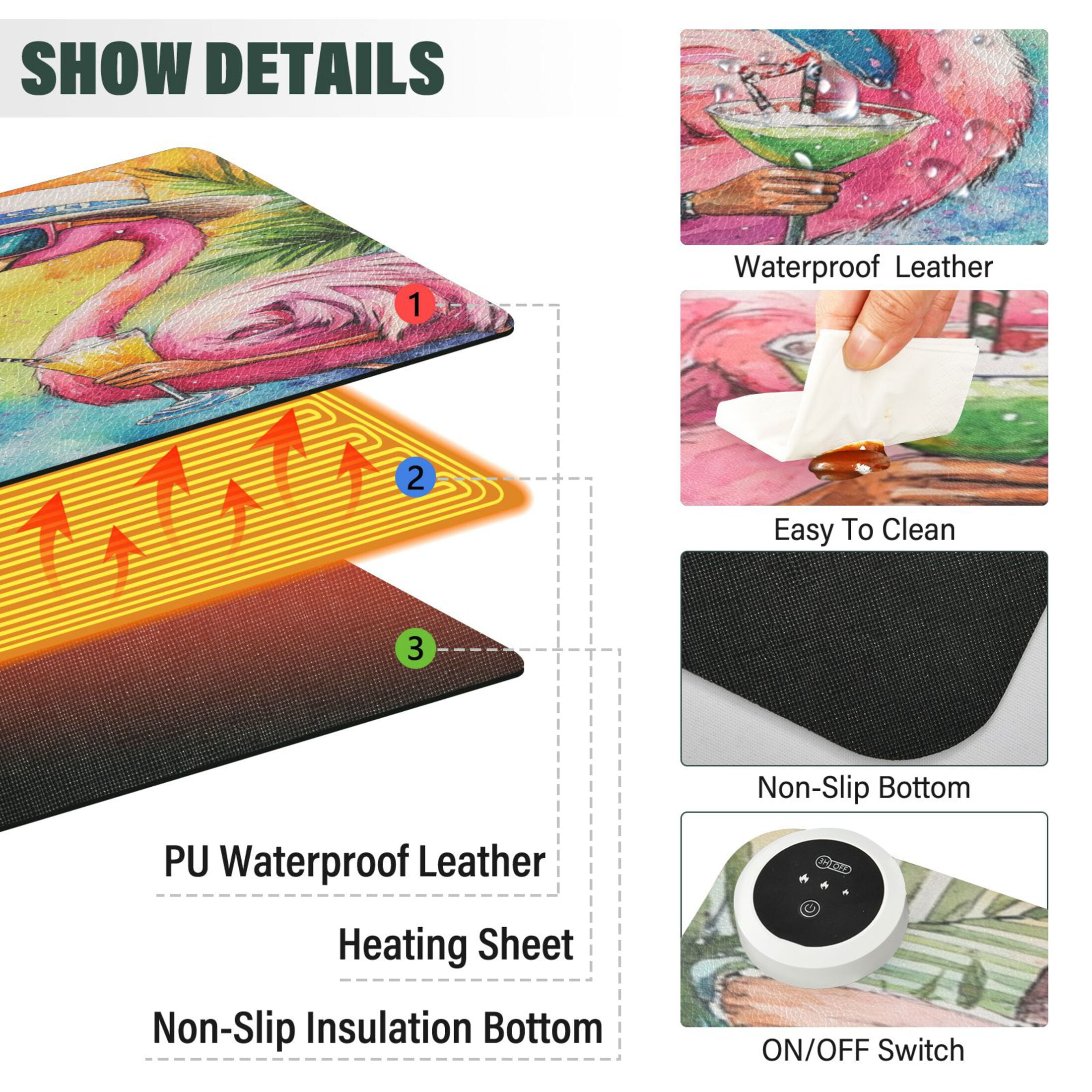 Wobogo Summer Flamingos Heated Mouse Pad Extra-Large Desk Mat With 3 Heating Levels and 3-hour Auto Shut-Off Protection Ideal for Computer Keyboards Home Office Hand-warming Essential 31.5in × 13in
