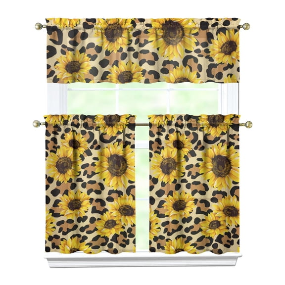 Farmhouse Sunflower Curtains 3-Piece Set - Boho Floral Tier & Valance, Country Kitchen Window Panels, Yellow Watercolor Sunflower Artwork, Semi-Sheer Privacy