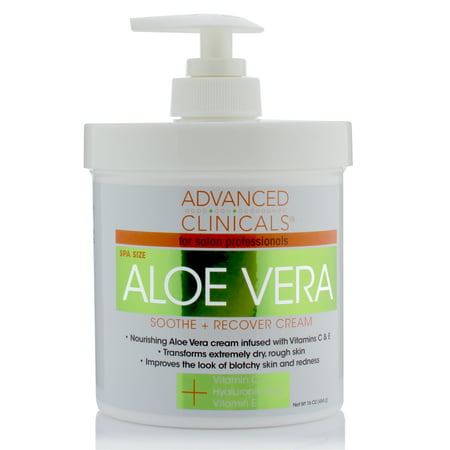 16oz Advanced Clinicals Aloe Vera Cream. Aloe Vera with Vitamin C, Hyaluronic Acid and Vitamin E cream for dry, rough skin, and redness.  Large spa size 16oz cream with