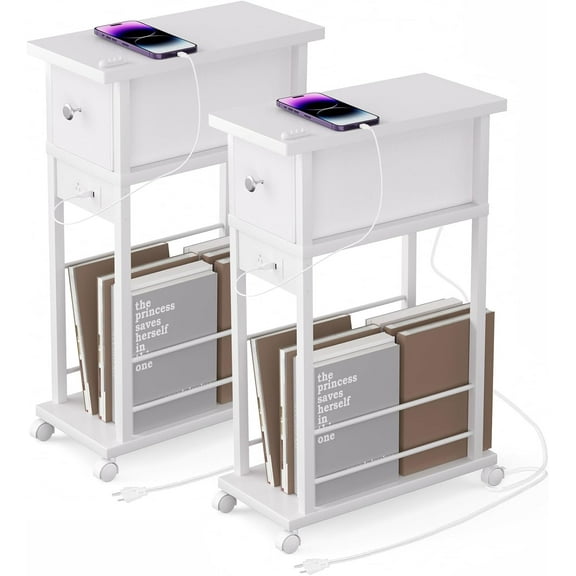 Narrow Side Table (Black) - Nightstand with  Station (2  + 1 AC Outlet) & Drawer, Mute Wheels for Nordic Style// Room