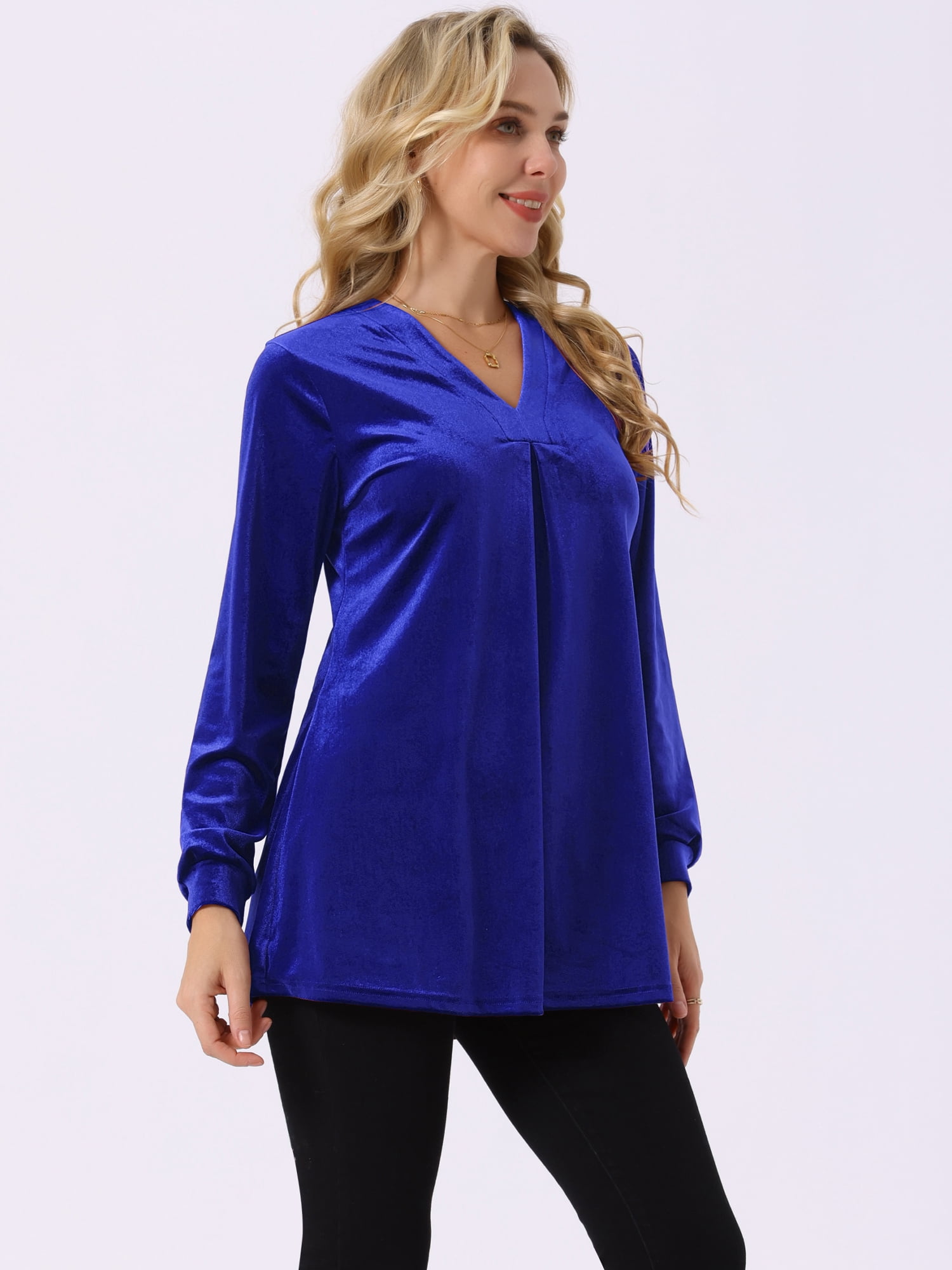 DARING DIVA Women's Velvet Top V Neck Long Sleeves Loose Blouse XL Royal Blue
