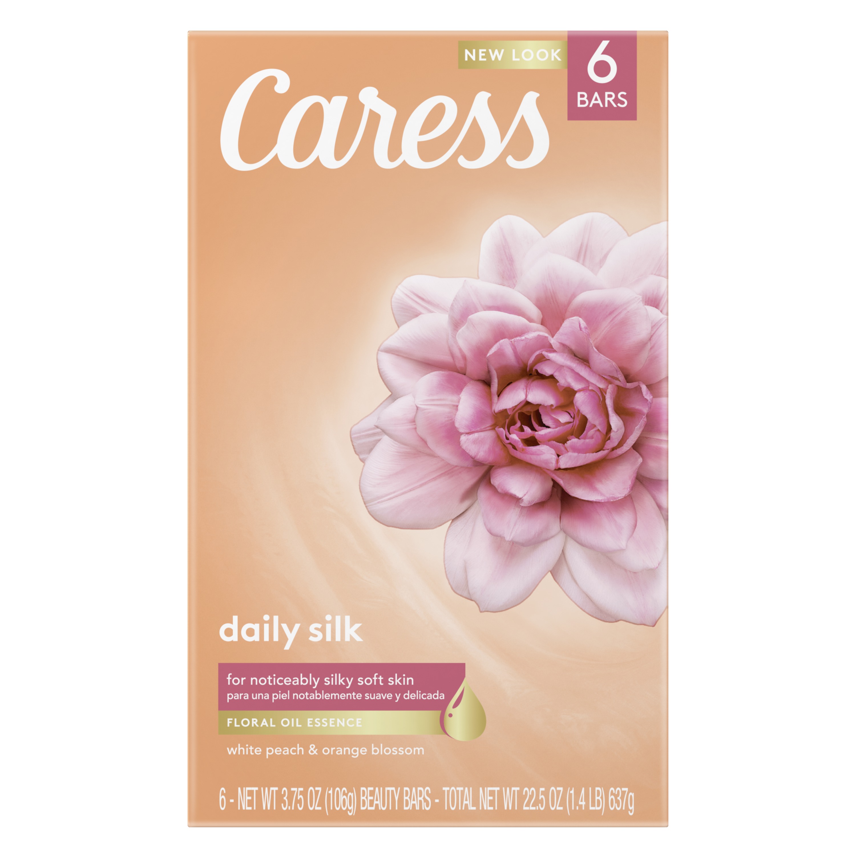 Caress Daily Silk Moisturizing Soap, White Peach & Orange Blossom, 3.75 oz 6 Bars