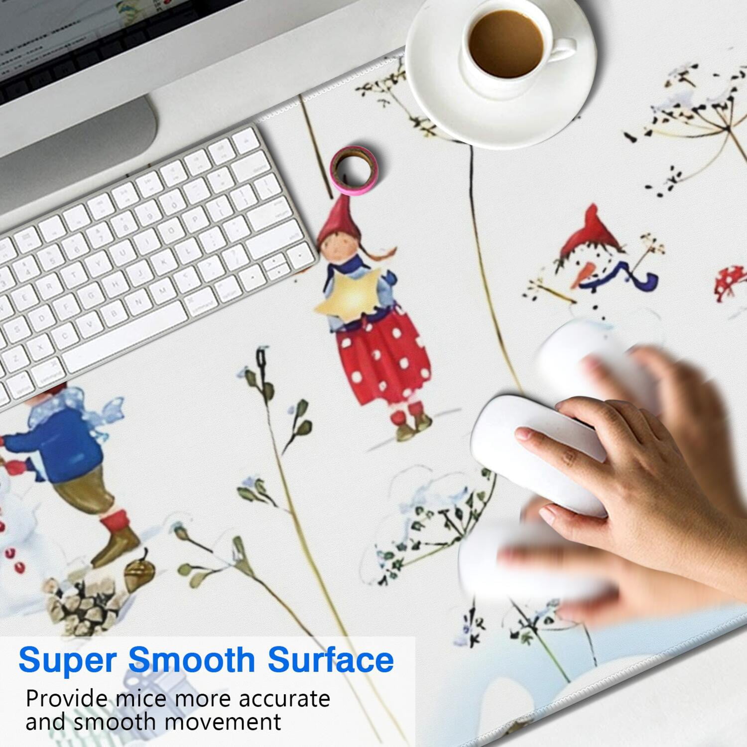 Long Mouse Pads for Desk,White Christmas Gnome Pattern Desk Mats on Top Of Desks, Desk Mouse Pad Extra Large with 3mm Non-Slip Base and Stitched Edge for Gaming,Office,Work,Home 47.3x23.6in