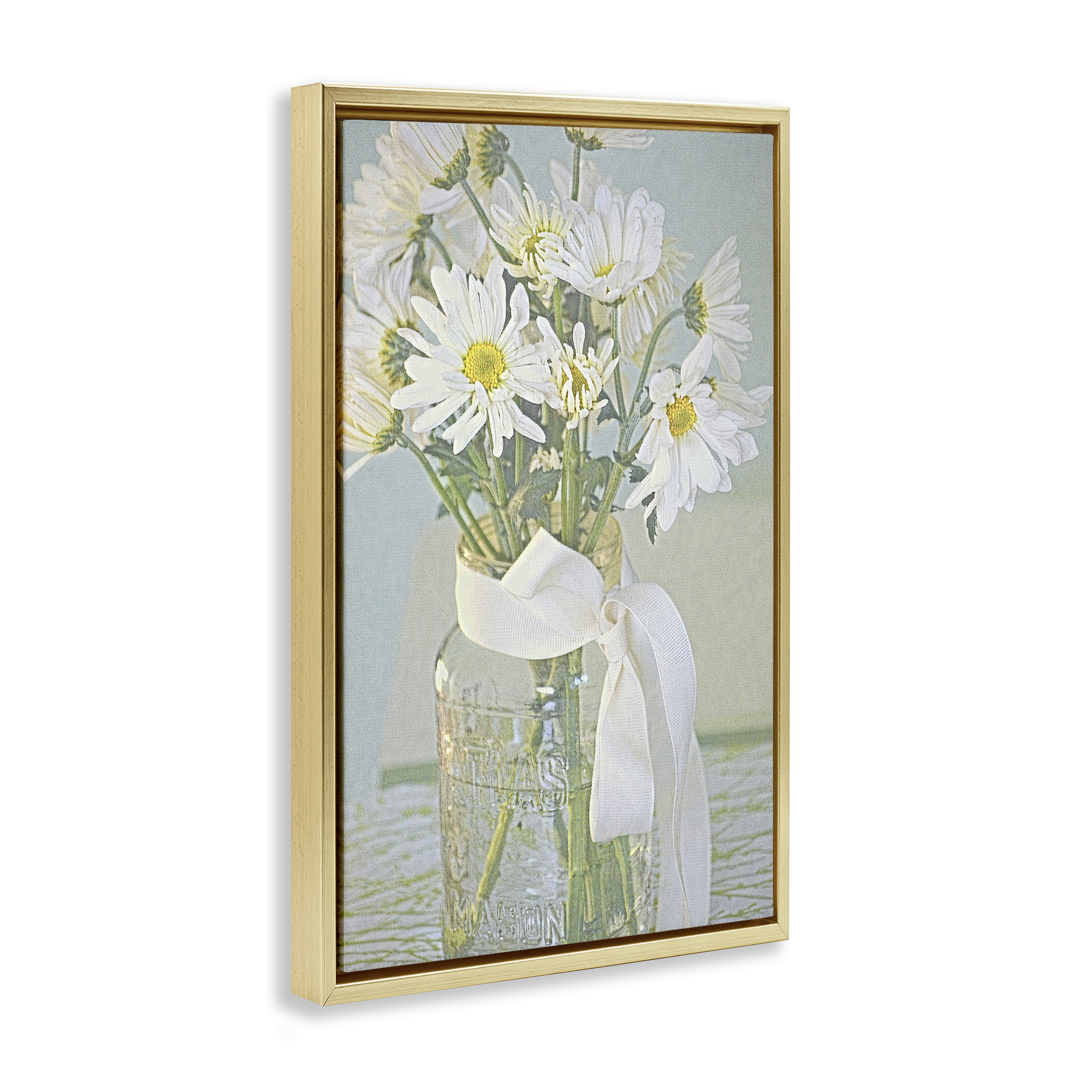 Stupell Industries Faded Daisies Jar Botanical & Floral Painting Gold Floater Framed Art Print Wall Art, 17 x 25