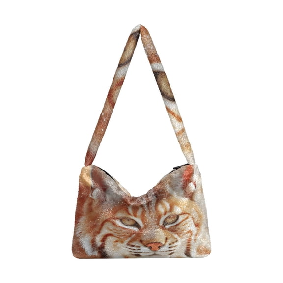 DIXRUYEE Golden-eyed Wild Cat Print Plush Shoulder Bag Soft Faux Fluffy Hobo Tote Bag With Zipper Closure Casual Lightweight Crossbody Handbag