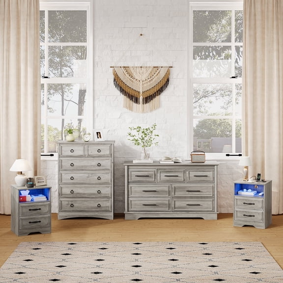 Holliwill Dresser Nightstands Set, 4 Pieces Bedroom Furniture Set, Wide 7 Drawer Dresser, Tall 6 Drawer Dresser and 2 Drawer Nightstand with LED Lights & Charging Station, Rustic Grey