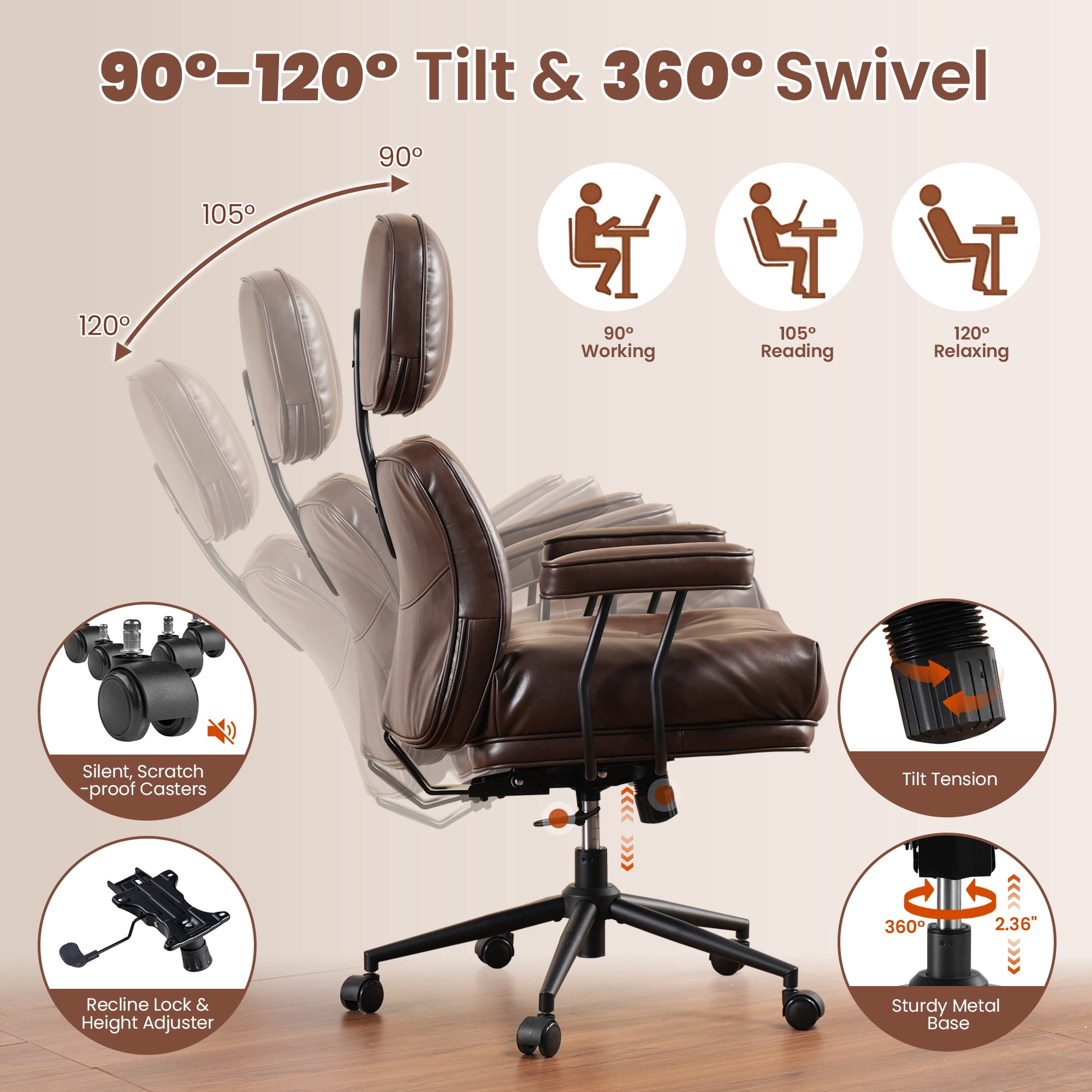 XIZZI Executive Office Chair, Oversized Computer Desk Chair with High Back, Ergonomic Elegant Design, Multi-Layer Memory Foam Cushion, Dark Brown (PU Leather)