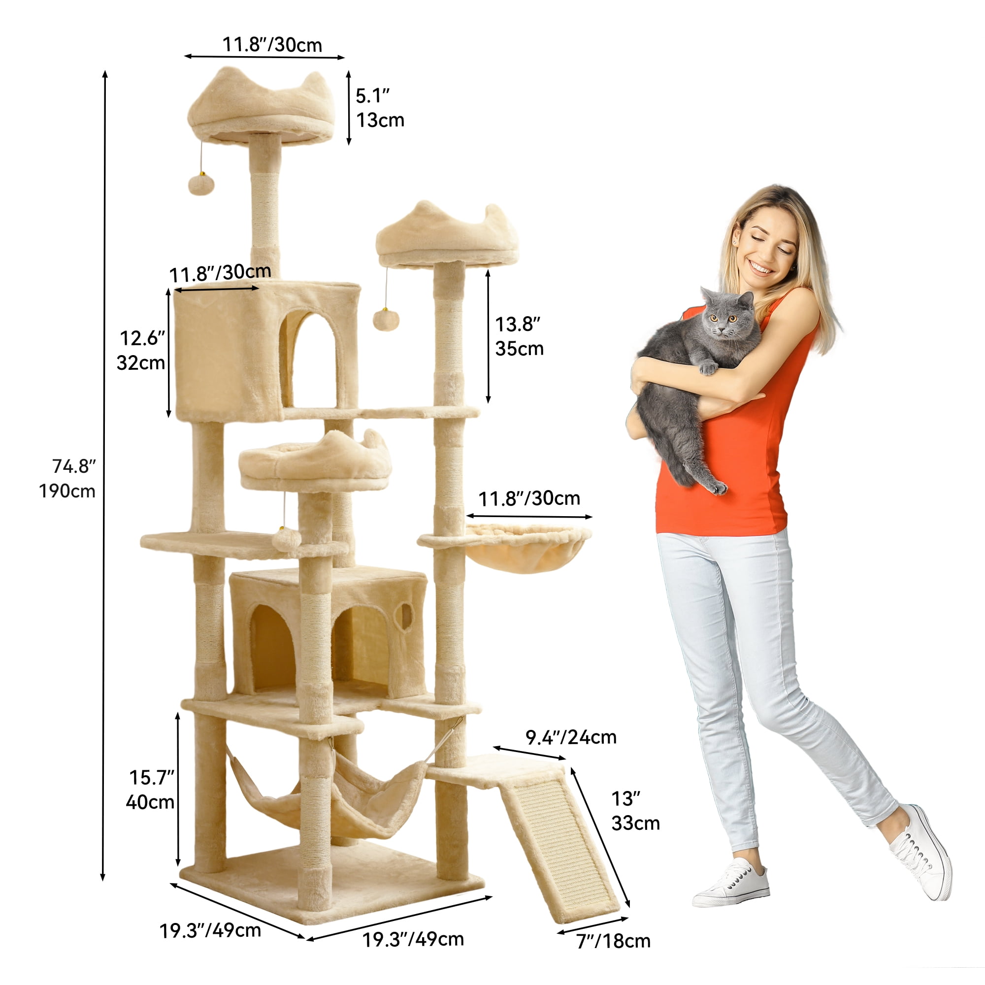 Dextrus 75" Multi-Level Cat Tree Tower with Cat Condos, Perches, Hammocks, Scratching Posts Board, Large Cat Activity Center,Beige