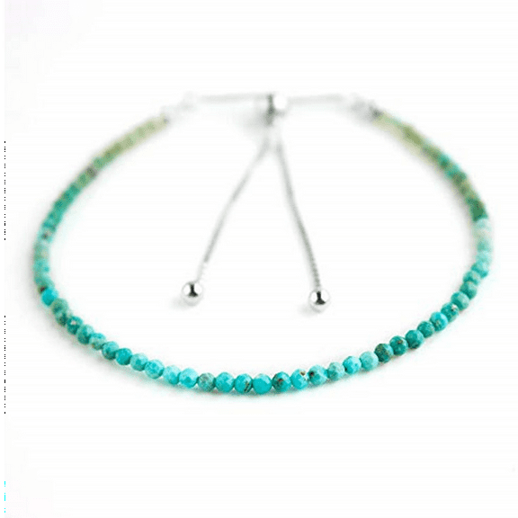 Turquoise 3mm Round Shape Faceted Cut Beads 7 inch Adjustable Silver Plated Clasp Bracelet for men, women, unisex. Link Chain Stacking Bracelet.|LINK_06538