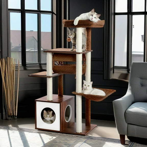 Demi Bonn 51" Modern 6 Levels Cat Tree Tower with Sisal Scratching Posts, Cozy Condo, Spacious Perch, Hammock and Swing Tunnel for Indoor Cats, Brown
