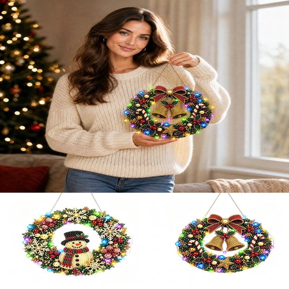 DIY Christmas Wreath Kit with LED Lights, Light-Up Pearl Painting Kit, Diamond Art Wreath for Adults, Beaded Christmas Wreath Ornament for Door & Wall, 7.9" × 7.9", Akmoler